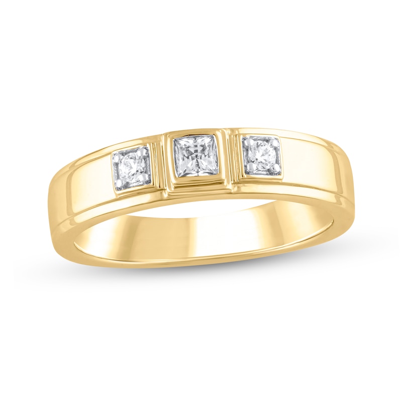 Main Image 1 of 1/4 CT. T.W. Diamond Raised Square Frame Three Stone Band in 10K Gold