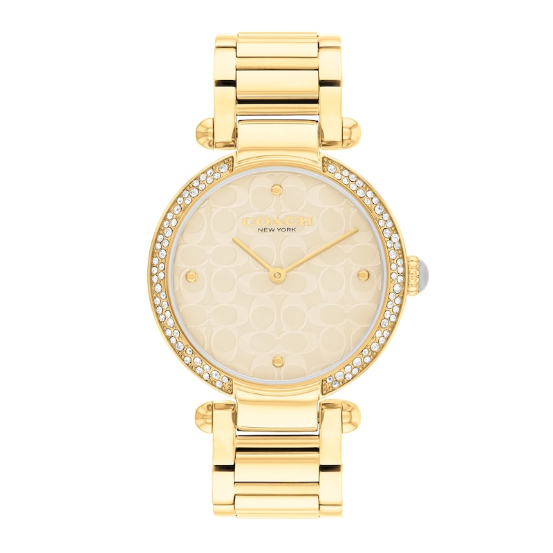 Main Image 1 of Ladies' Coach Cary Crystal Accent Gold-Tone IP Watch with Beige Mother-of-Pearl Dial (Model: 14504183)