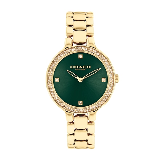 Ladies' Coach Chelsea Crystal Accent Gold-Tone IP Watch with Green Dial (Model: 14504251)