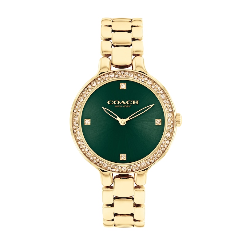 green and gold ladies watch with metal bracelet