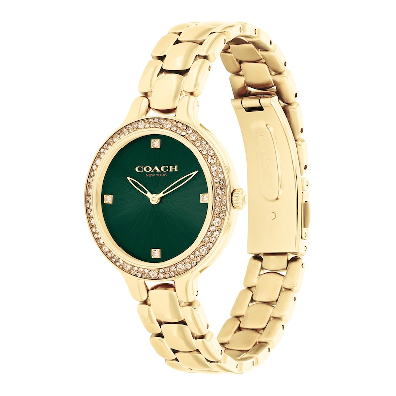 Ladies' Coach Chelsea Crystal Accent Gold-Tone IP Watch with Green Dial (Model: 14504251)