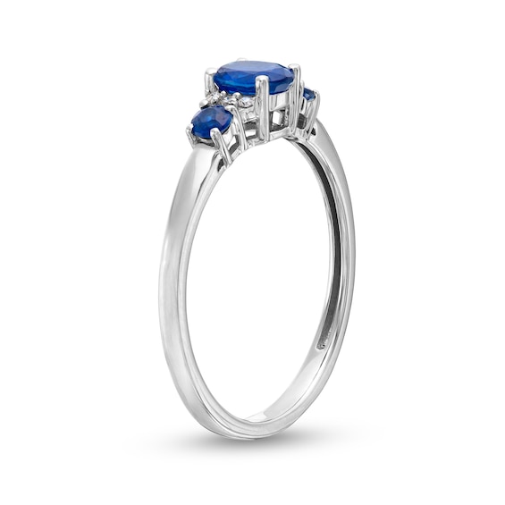 Oval and Round Blue Sapphire with Diamond Accent Three Stone Collar Ring in 10K White Gold