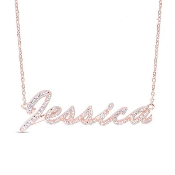 White Lab-Created Sapphire Cursive Name Necklace in Sterling Silver with 14K Rose Gold Plate (1 Line)
