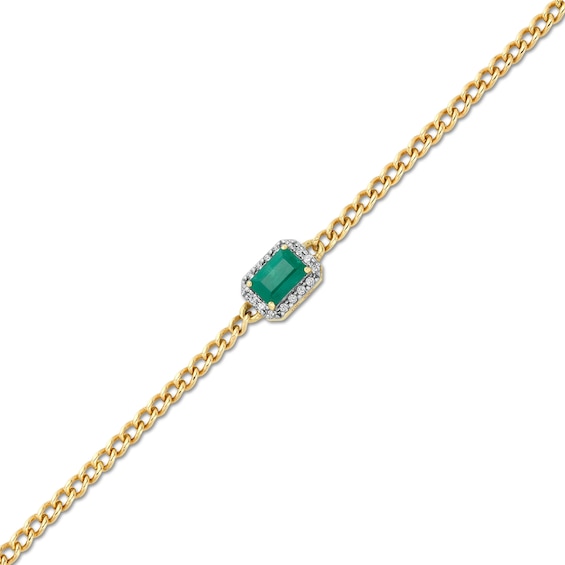 Sideways Emerald-Cut Emerald and 1/10 CT. T.w. Diamond Frame Curb Chain Bracelet in 10K Gold