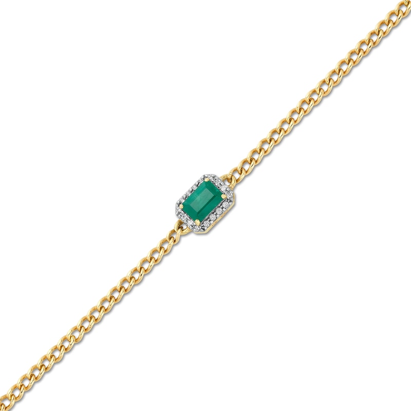Main Image 1 of Sideways Emerald-Cut Emerald and 1/10 CT. T.W. Diamond Frame Curb Chain Bracelet in 10K Gold