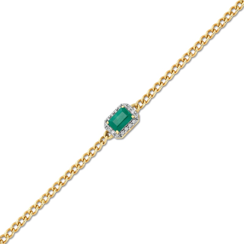 Sideways Emerald-Cut Emerald and 1/10 CT. T.W. Diamond Frame Curb Chain Bracelet in 10K Gold