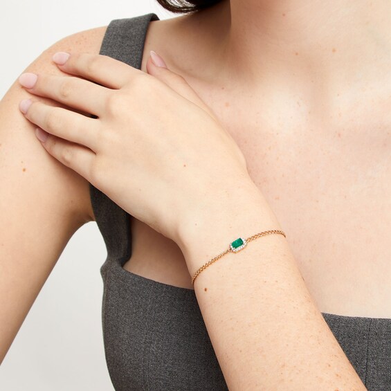 Sideways Emerald-Cut Emerald and 1/10 CT. T.w. Diamond Frame Curb Chain Bracelet in 10K Gold