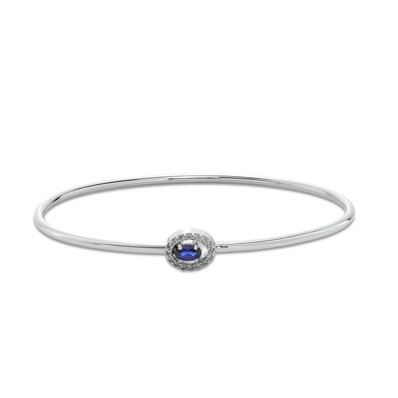 Sideways Oval Blue and White Lab-Created Sapphire Frame Flexible Bangle in Sterling Silver