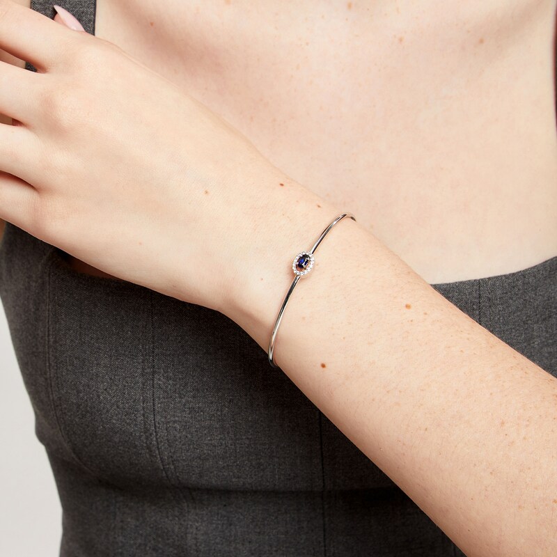 Main Image 2 of Sideways Oval Blue and White Lab-Created Sapphire Frame Flexible Bangle in Sterling Silver