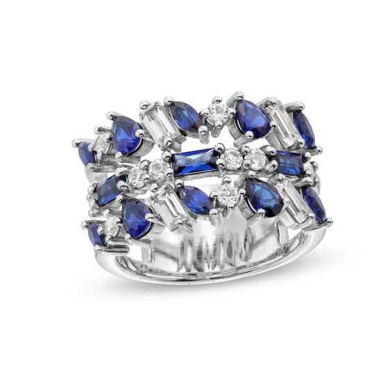 Multi-Shaped Blue and White Lab-Created Sapphire Alternating Triple Row Ring in Sterling Silver