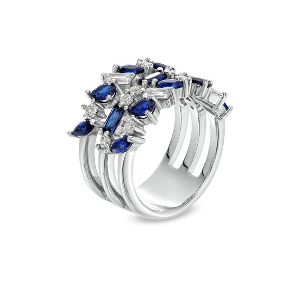 Multi-Shaped Blue and White Lab-Created Sapphire Alternating Triple Row Ring in Sterling Silver