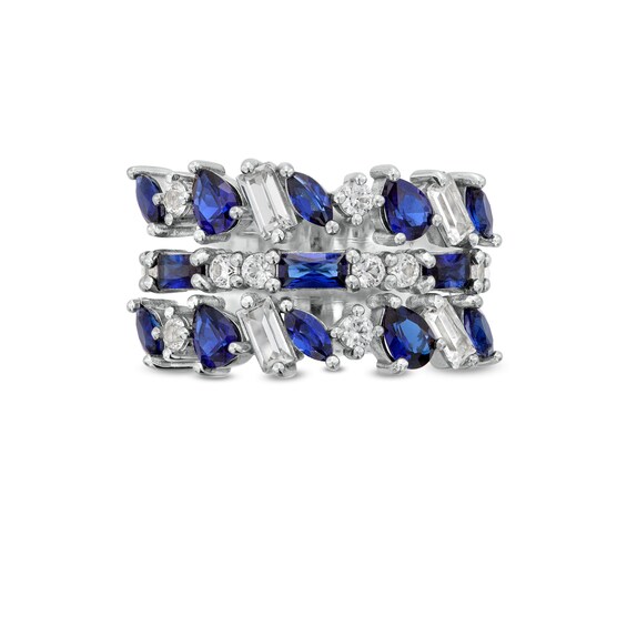 Multi-Shaped Blue and White Lab-Created Sapphire Alternating Triple Row Ring in Sterling Silver