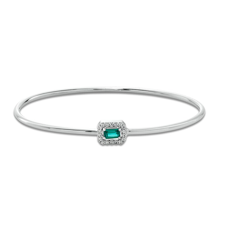 Sideways Emerald-Cut Lab-Created Emerald and White Lab-Created Sapphire Frame Flexible Bangle in Sterling Silver