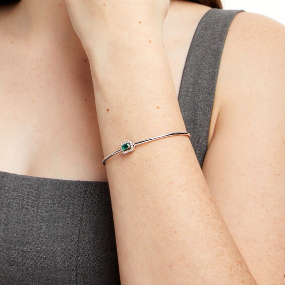 Sideways Emerald-Cut Lab-Created Emerald and White Lab-Created Sapphire Frame Flexible Bangle in Sterling Silver