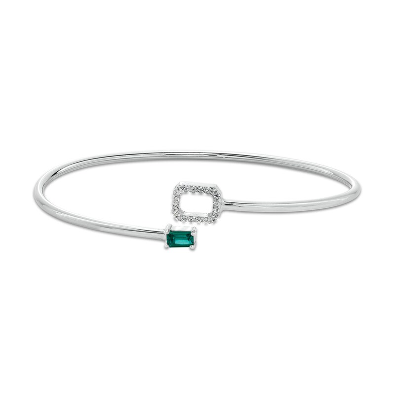 Sideways Emerald-Cut Lab-Created Emerald and White Lab-Created Sapphire Frame Flexible Bangle in Sterling Silver