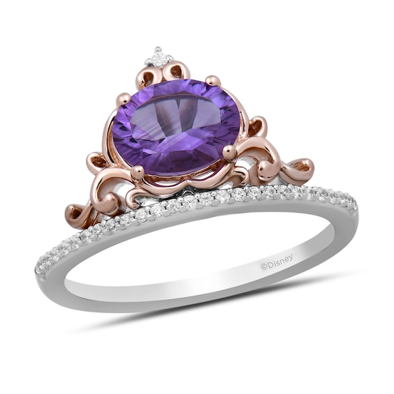 Enchanted Disney Cinderella Oval Amethyst and 1/10 CT. T.w. Diamond Ring in Sterling Silver and 10K Gold