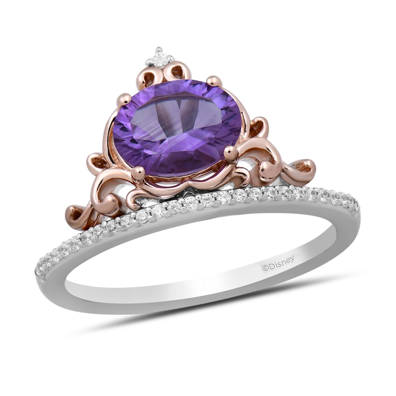 Main Image 1 of Enchanted Disney Cinderella Oval Amethyst and 1/10 CT. T.W. Diamond Ring in Sterling Silver and 10K Gold