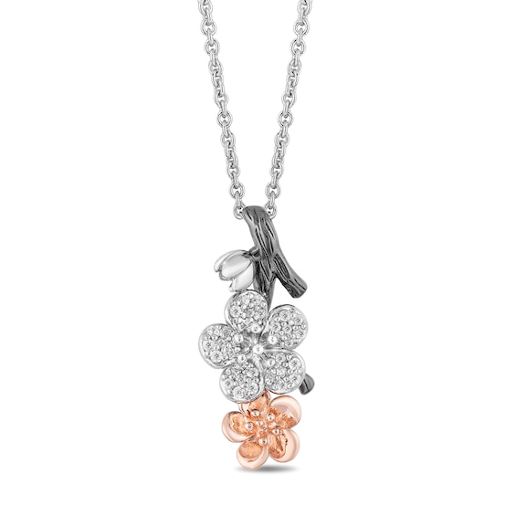 Enchanted Disney Mulan 1/6 CT. T.w. Diamond Flower Pendant in Sterling Silver and 10K Rose Gold