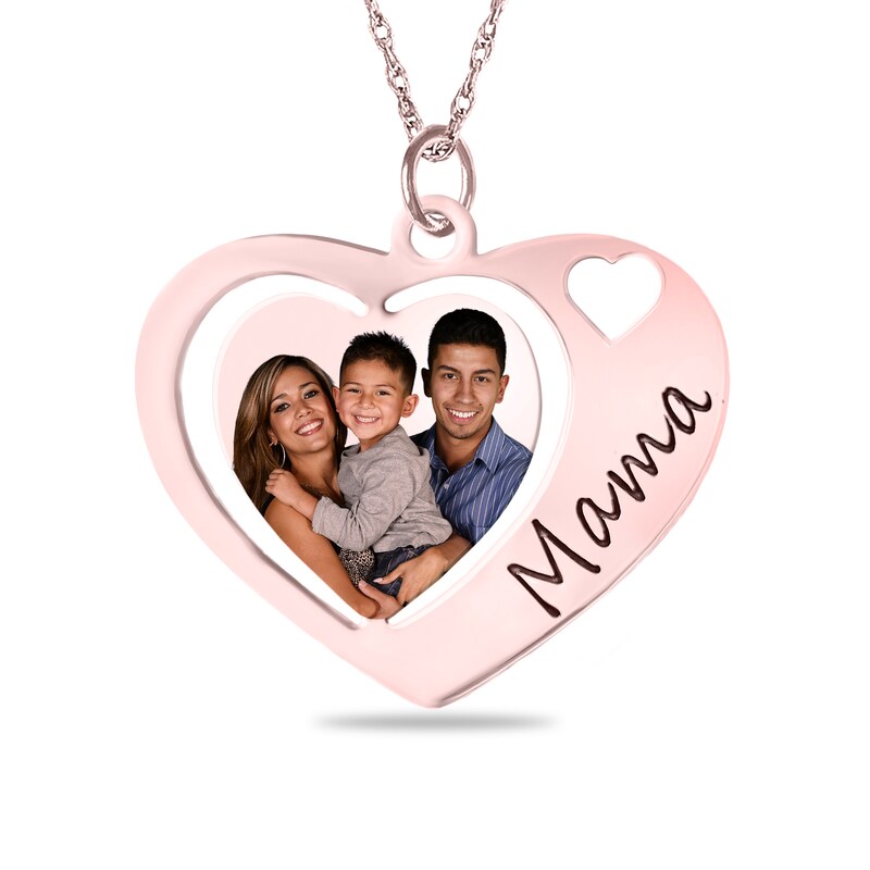 Engravable Photo "Mama" Triple Heart Pendant in 10K White, Yellow or Rose Gold (1 Image and 1-2 Lines)