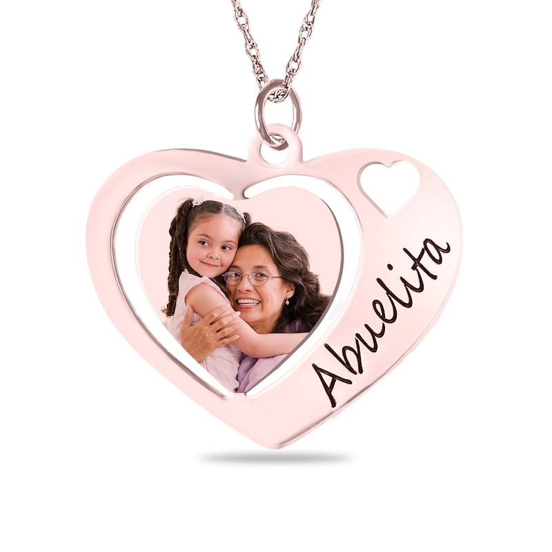 Main Image 1 of Engravable Photo &quot;Abuelita&quot; Triple Heart Pendant in 10K White, Yellow or Rose Gold (1 Image and 1-2 Lines)