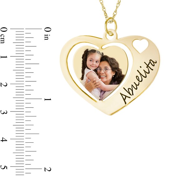 Engravable Photo "Abuelita" Triple Heart Pendant in 10K White, Yellow or Rose Gold (1 Image and 1-2 Lines)