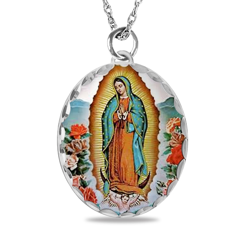 Main Image 1 of Engravable Enamel Our Lady of Guadalupe Oval Pendant in Sterling Silver (1-2 Lines)