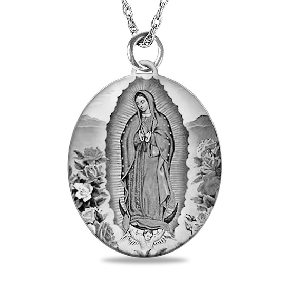 Engravable Black and White Enamel Our Lady of Guadalupe Oval Pendant in Sterling Silver (1-2 Lines)