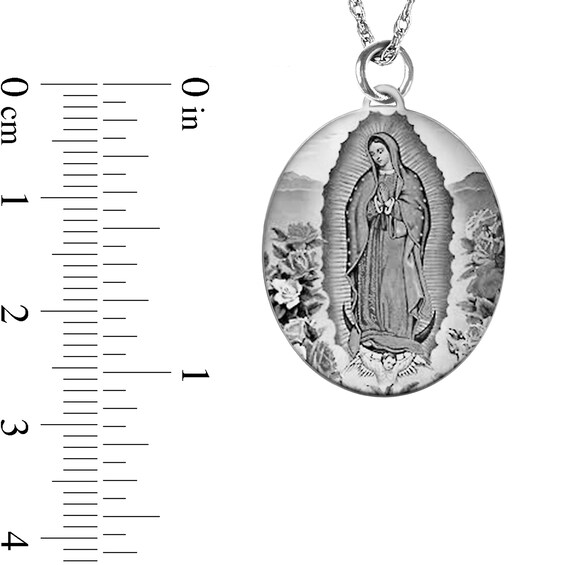 Engravable Black and White Enamel Our Lady of Guadalupe Oval Pendant in Sterling Silver (1-2 Lines)