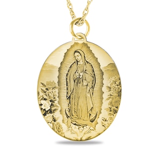 Engravable Black and White Enamel Our Lady of Guadalupe Oval Pendant in 10K White, Yellow or Rose Gold (1-2 Lines)
