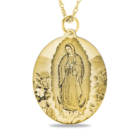 Engravable Black and White Enamel Our Lady of Guadalupe Oval Pendant in 10K White, Yellow or Rose Gold (1-2 Lines)