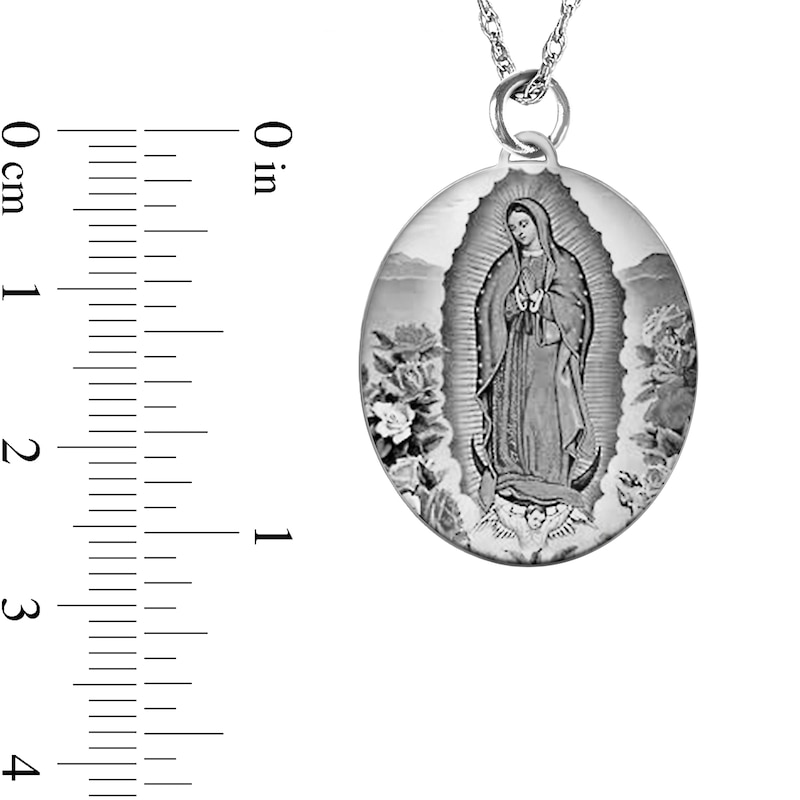 Main Image 3 of Engravable Black and White Enamel Our Lady of Guadalupe Oval Pendant in 10K White, Yellow or Rose Gold (1-2 Lines)