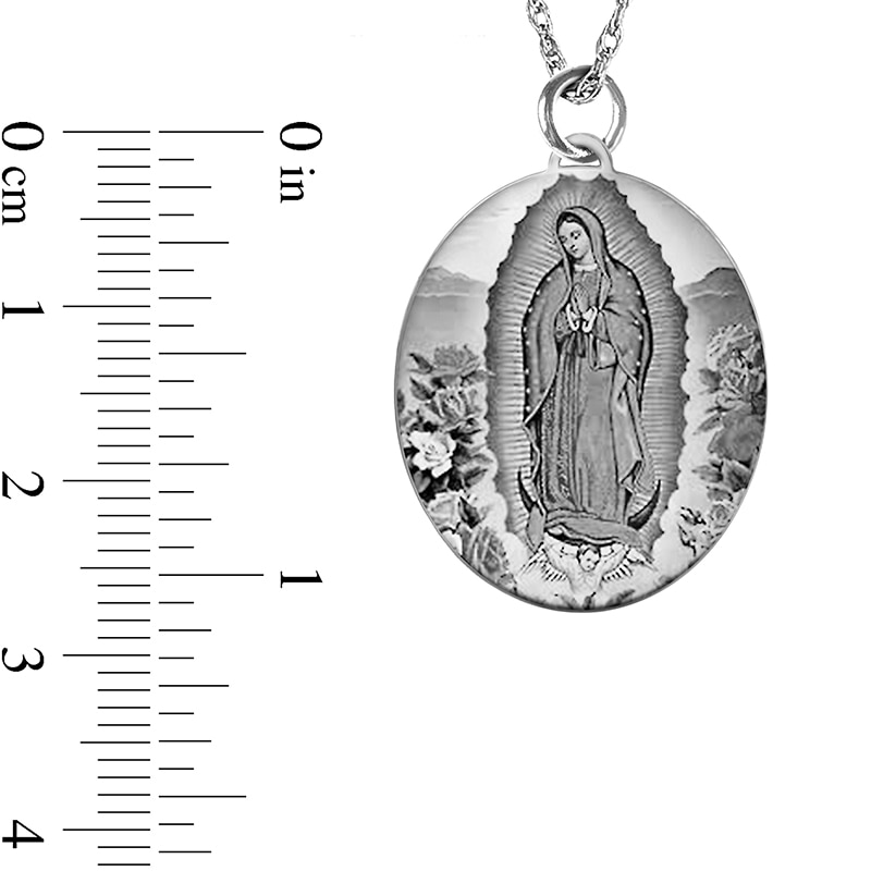 Main Image 3 of Engravable Black and White Enamel Our Lady of Guadalupe Oval Pendant in 14K White, Yellow or Rose Gold (1-2 Lines)