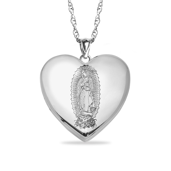 Engravable Our Lady of Guadalupe Heart Locket in Sterling Silver (1-3 Lines)