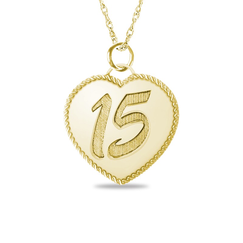 Engravable "15" Heart Pendant in 14K White, Yellow or Rose Gold (1-2 Lines)