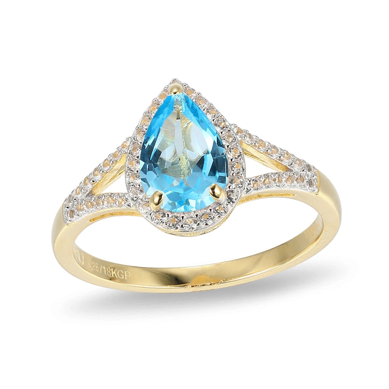 Main Image 1 of Pear-Shaped Swiss Blue Topaz and White Lab-Created Sapphire Ring in Sterling Silver with 18K Gold Plate