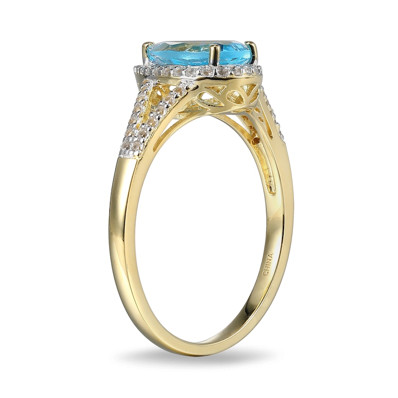 Main Image 2 of Pear-Shaped Swiss Blue Topaz and White Lab-Created Sapphire Ring in Sterling Silver with 18K Gold Plate