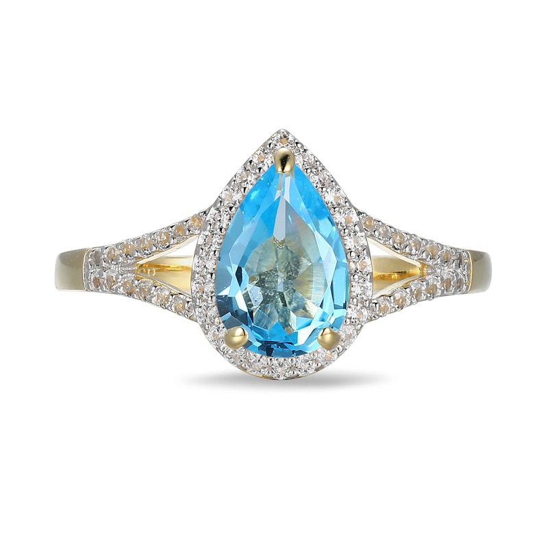 Main Image 3 of Pear-Shaped Swiss Blue Topaz and White Lab-Created Sapphire Ring in Sterling Silver with 18K Gold Plate
