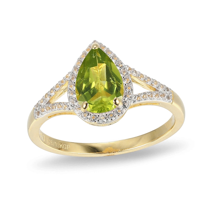 Pear-Shaped Peridot and White Lab-Created Sapphire Ring in Sterling Silver with 18K Gold Plate