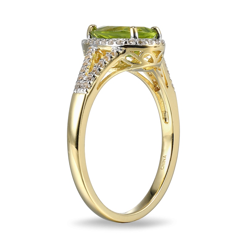Main Image 2 of Pear-Shaped Peridot and White Lab-Created Sapphire Ring in Sterling Silver with 18K Gold Plate