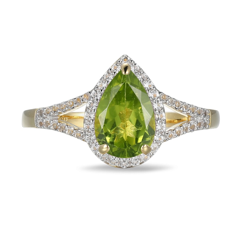 Main Image 3 of Pear-Shaped Peridot and White Lab-Created Sapphire Ring in Sterling Silver with 18K Gold Plate