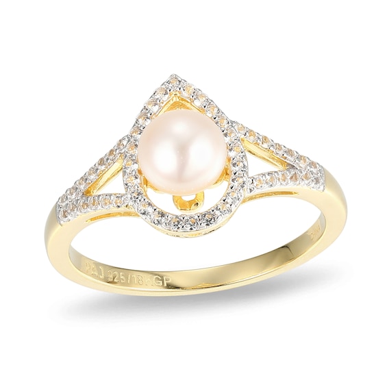 5.5-6.0mm Freshwater Cultured Pearl and White Lab-Created Sapphire Ring Sterling Silver with 18K Gold Plate