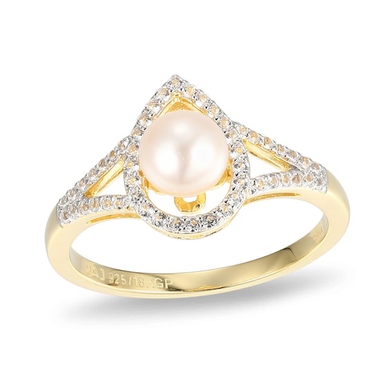 5.5-6.0mm Cultured Freshwater Pearl and White Lab-Created Sapphire Ring Sterling Silver with 18K Gold Plate