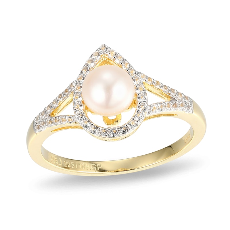 Main Image 1 of 5.5-6.0mm Freshwater Cultured Pearl and White Lab-Created Sapphire Ring in Sterling Silver with 18K Gold Plate
