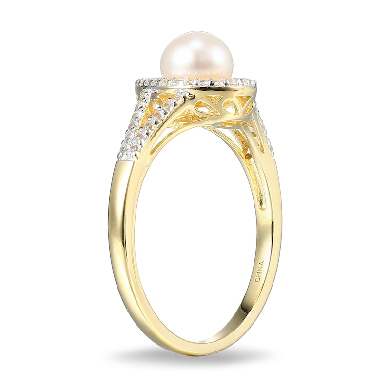 Main Image 2 of 5.5-6.0mm Freshwater Cultured Pearl and White Lab-Created Sapphire Ring in Sterling Silver with 18K Gold Plate
