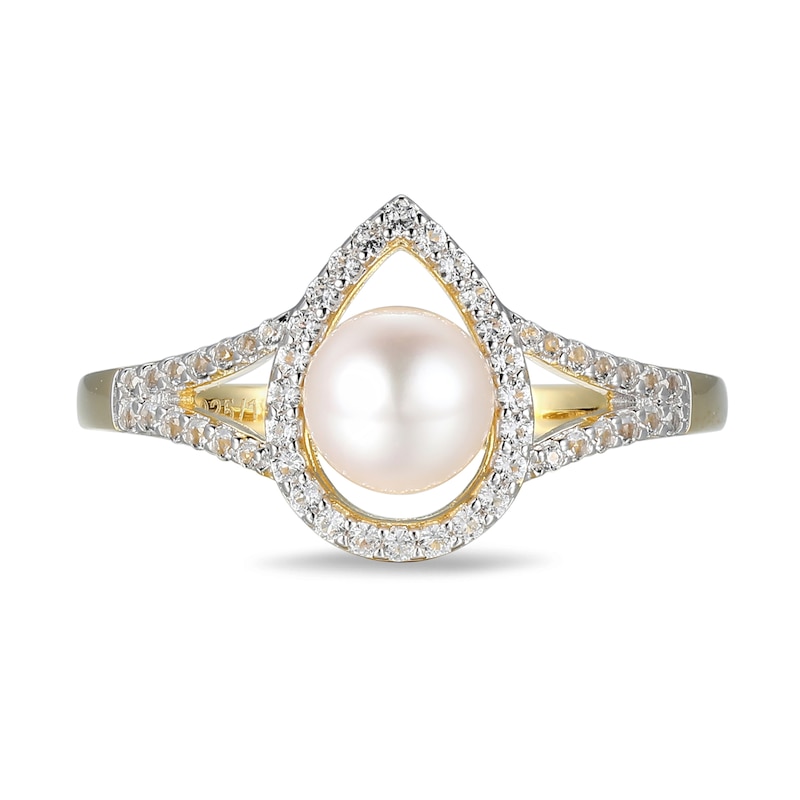 Main Image 3 of 5.5-6.0mm Freshwater Cultured Pearl and White Lab-Created Sapphire Ring in Sterling Silver with 18K Gold Plate