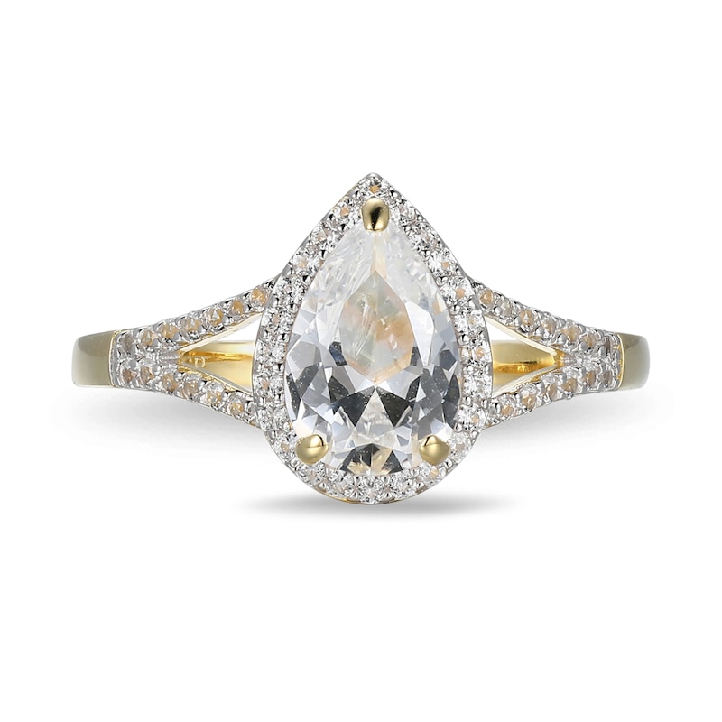 Main Image 3 of Pear-Shaped White Lab-Created Sapphire Frame Ring in Sterling Silver with 18K Gold Plate