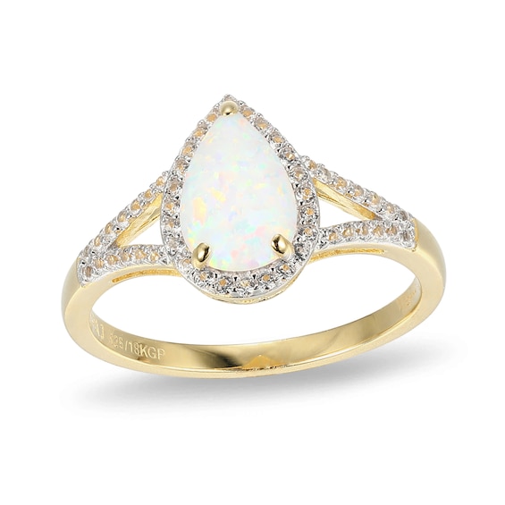 Pear-Shaped Lab-Created Opal and White Sapphire Frame Ring Sterling Silver with 18K Gold Plate