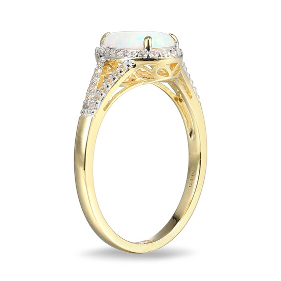 Pear-Shaped Lab-Created Opal and White Sapphire Frame Ring in Sterling Silver with 18K Gold Plate