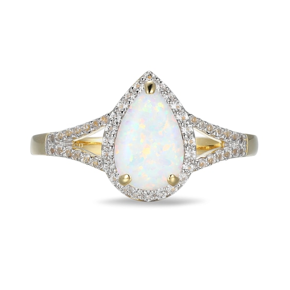 Pear-Shaped Lab-Created Opal and White Sapphire Frame Ring in Sterling Silver with 18K Gold Plate