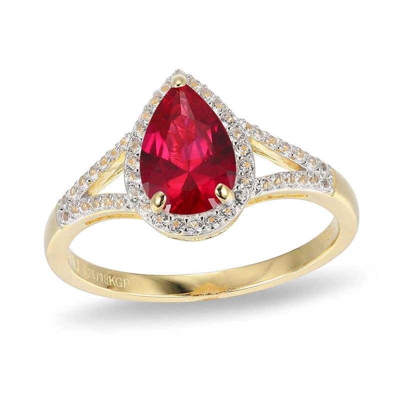 Main Image 1 of Pear-Shaped Lab-Created Ruby and White Sapphire Ring in Sterling Silver with 18K Gold Plate